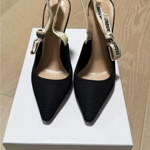 Dior Black Pointed Slingback Heels with Cream Logo Bow